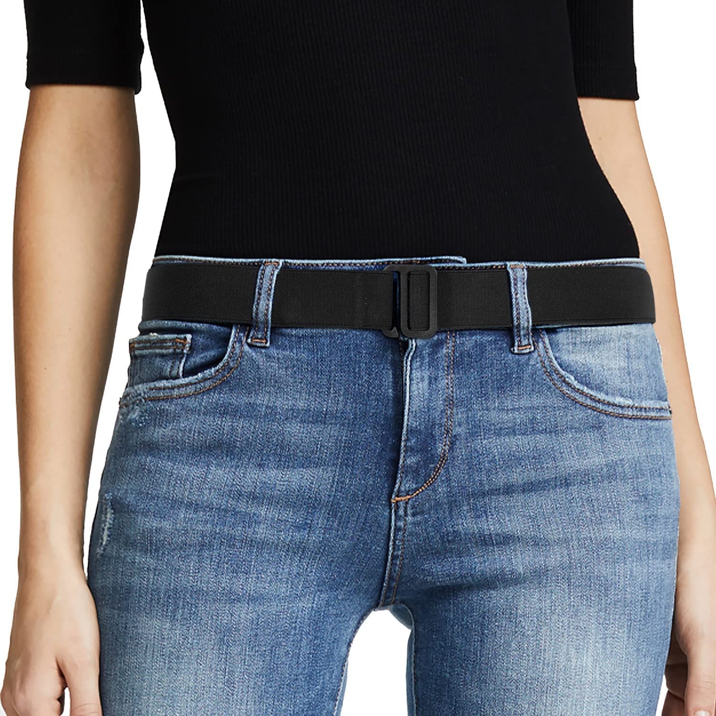 JASGOOD Women No Show Stretch Belt Invisible Elastic Web Strap Belt with Flat Buckle for Jeans Pants Dresses Apparel & Accessories > Clothing Accessories > Belts KYLIE MAX O-black-plastic Buckle Suit for US Size 16+ 