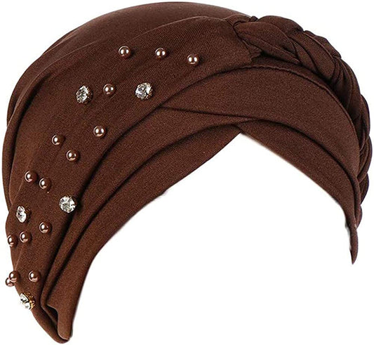 Women Girls Turban Hat, Rhinestone Pearl Braid Turban Head Wrap Baggy Slouchy Beanie Chemo Cap Headwear Hair Wrap Apparel & Accessories > Clothing Accessories > Headwear canjoyn Coffee  