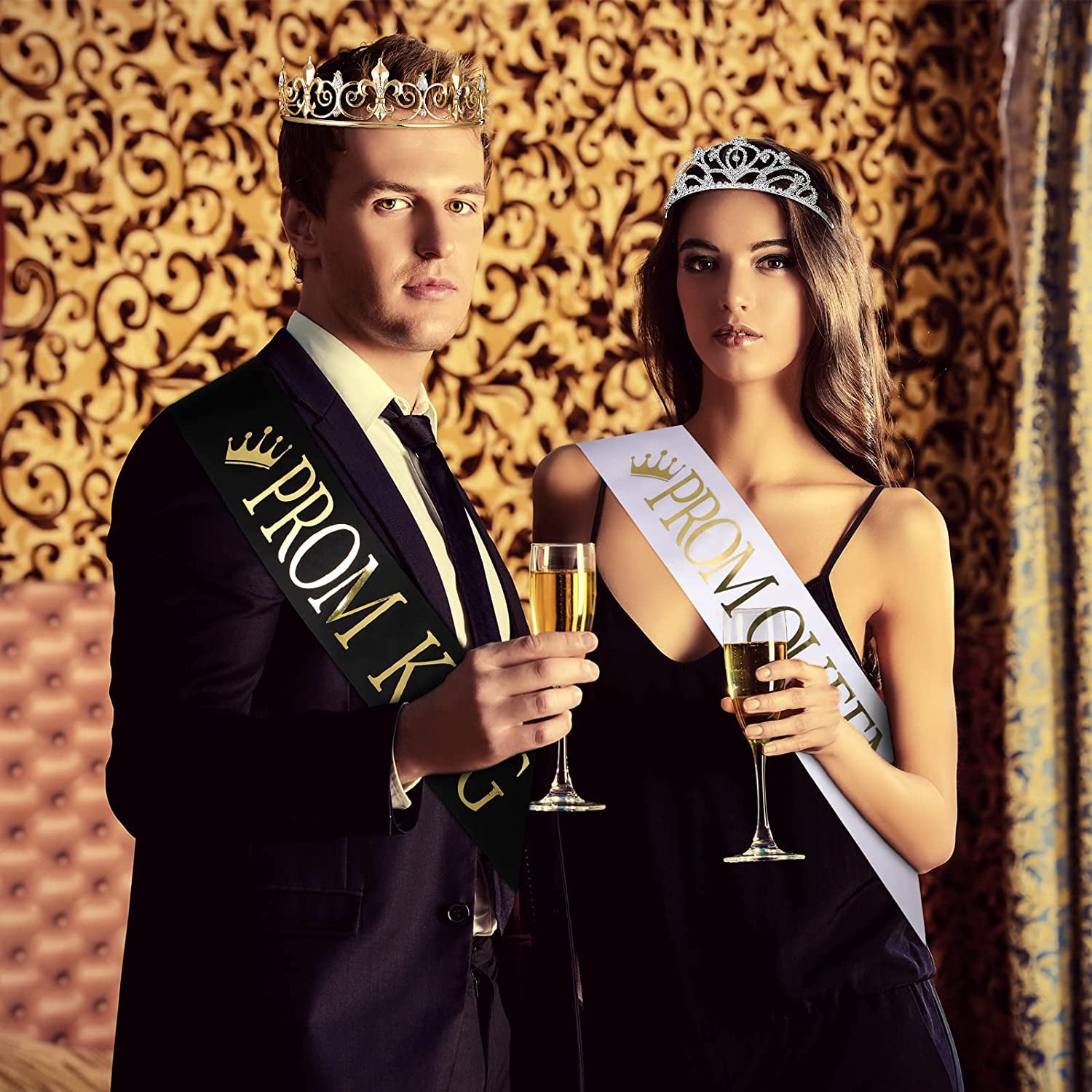 Prom Queen and King Prom Sash Crowns Tiara Bridal Shiny Satin for Adults Halloween Cosplay Favors Graduation Party(Modern Style) Apparel & Accessories > Clothing Accessories > Sashes Saintrygo   