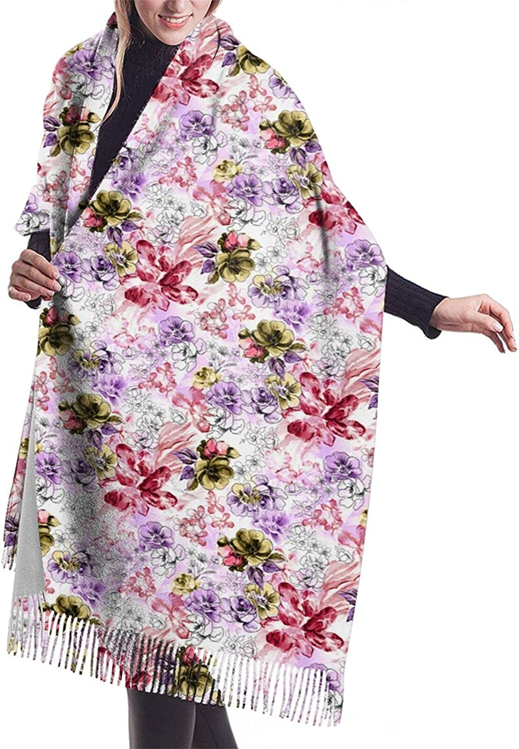 Women'S Fashion Scarves Dalmatian Print Comfortable Long Shawl Winter Soft Thick Warm Scarf Apparel & Accessories > Clothing Accessories > Scarves & Shawls PAVQWEJ Watercolor Hand Painted Flowers Black One Size 