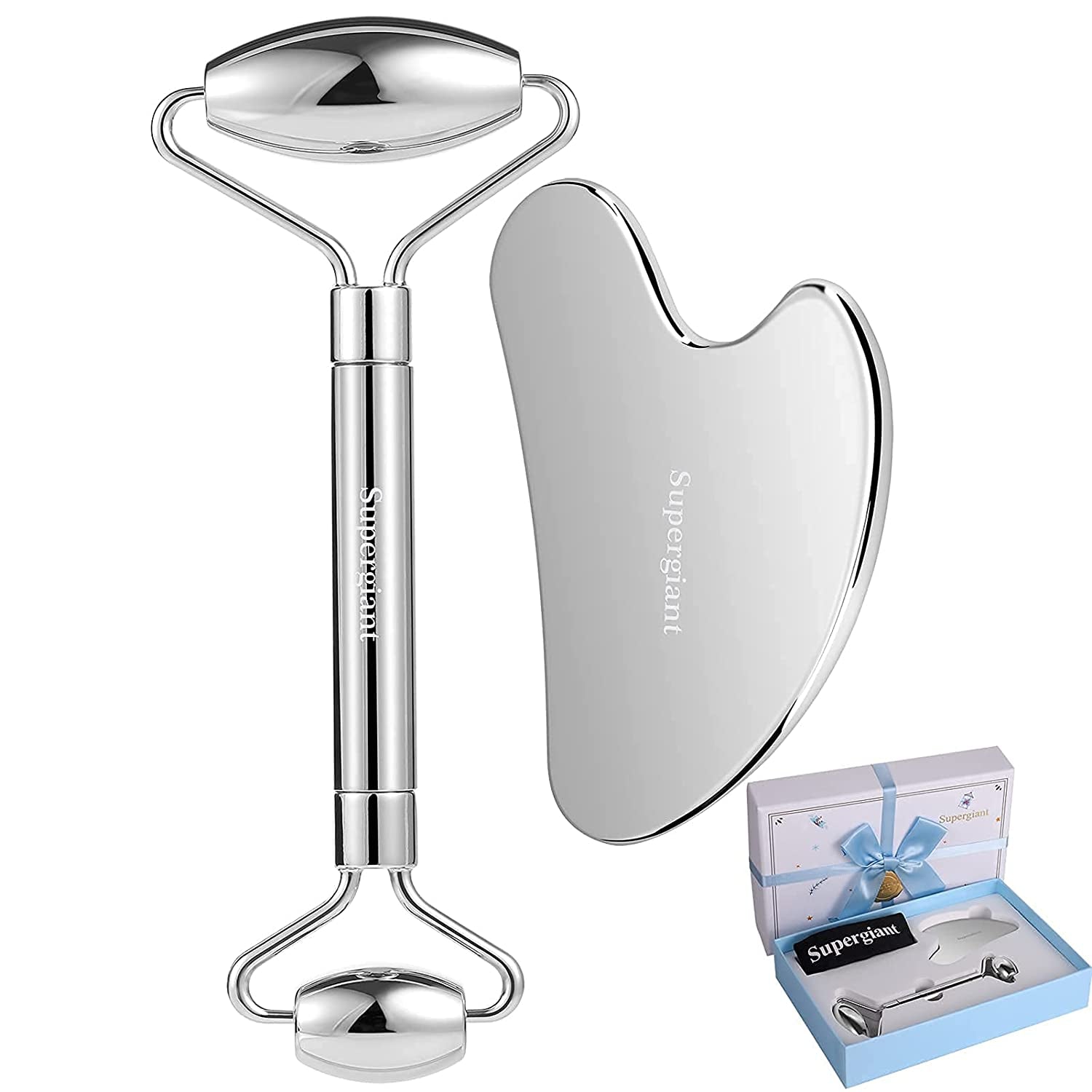 Supergiant Stainless Steel Face Roller and Gua Sha Set Facial Roller Massager Skin Care Roller Tools for Face Eyes Neck, Relieve Fine Lines and Wrinkles with Travel Pouch Health & Beauty > Personal Care > Cosmetics > Cosmetic Tools > Skin Care Tools Supergiant   
