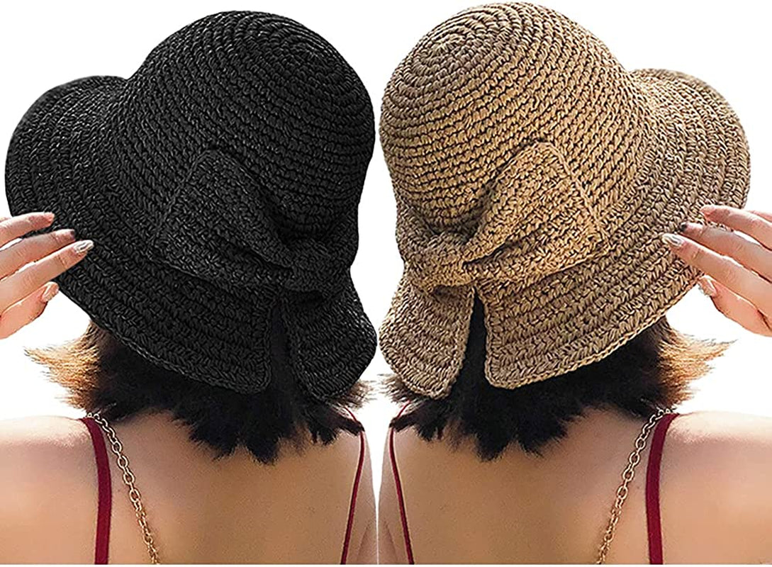 Foldable Wide Brim Floppy Straw Beach Sun Hat,Summer Cap with Bowknot for Women Girls,Strap Adjustable Apparel & Accessories > Clothing Accessories > Hats Bseash 2 Pack Khaki & Black  