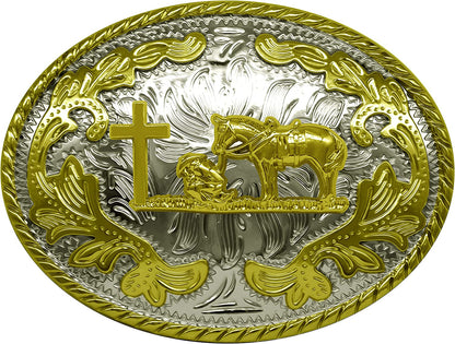 Moranse Religion Cross Cowboy Kneeling Prayer and Horse Design Belt Buckles Apparel & Accessories > Clothing Accessories > Belt Buckles Moranse Oval Golden  