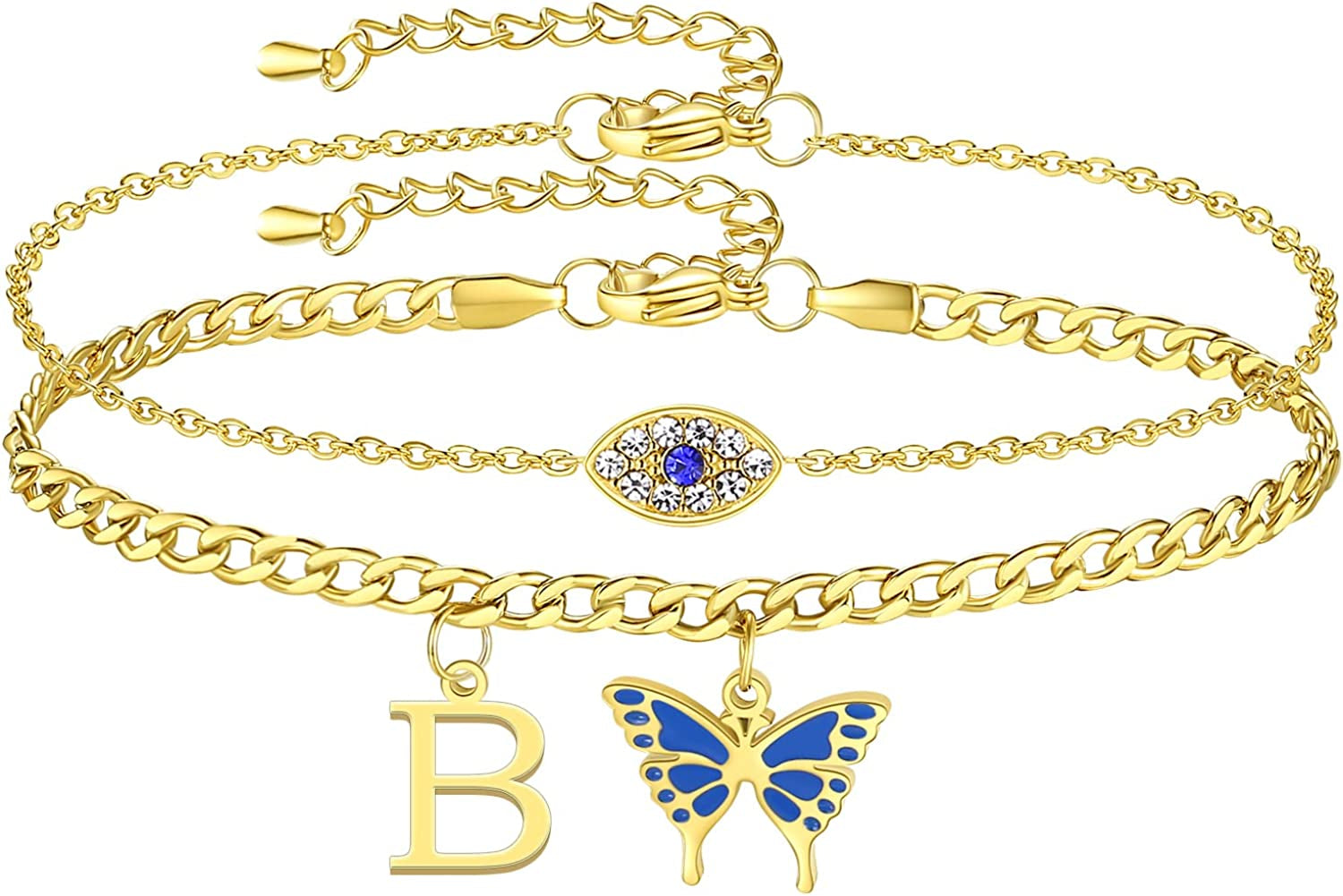 SAM & LORI 2 Pcs Anklets Set 18K Gold Plated Dainty Layered Personalized Initial Anklets Bracelets - Blue Butterfly - Sparkling CZ Evil Eye - Adjustable Summer Jewelry for Women Teen Girls Apparel & Accessories > Jewelry > Anklets SAM & LORI "Butterfly Evil Eye - B  