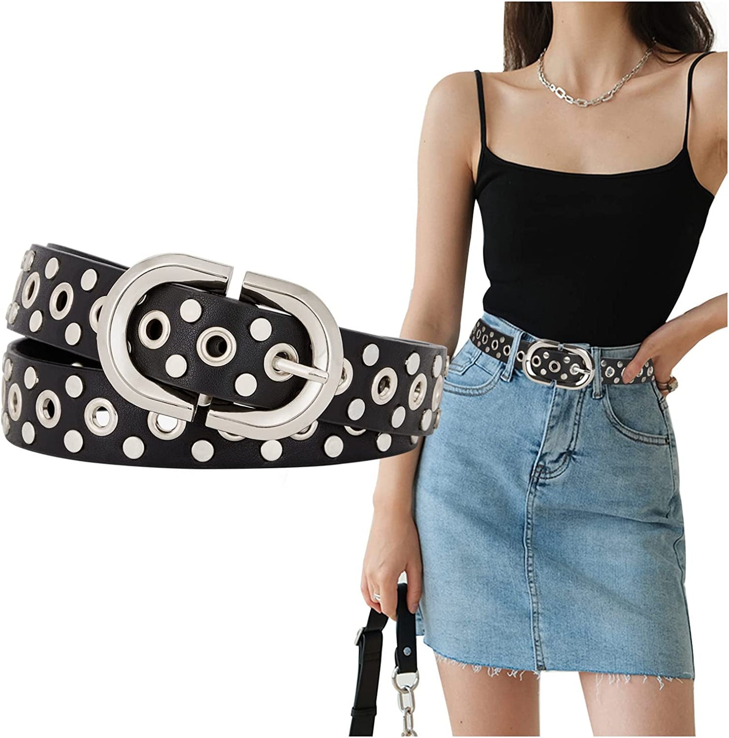FIORETTO Grommet Leather Belt with Detachable Chain Women Men Punk Rock Waist Belts for Jeans Pants Apparel & Accessories > Clothing Accessories > Belts FIORETTO Studded (Black-silver) One Size 