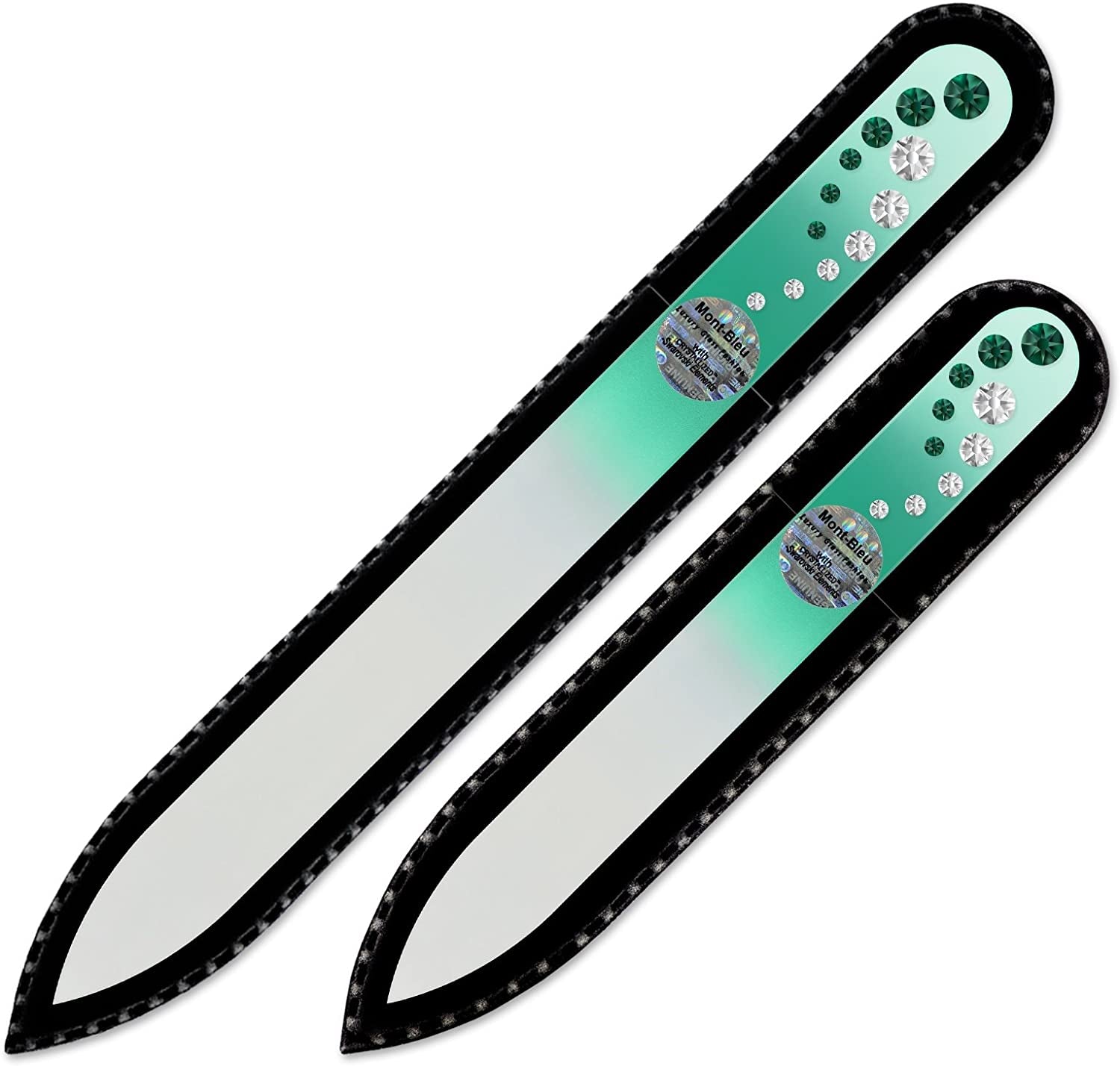 Washable Nail Files - Mont Bleu Set of 2 Glass Nail Files Hand Decorated with Crystals - Handmade Gifts for Women - Expertly Shape Nails & Enjoy a Smooth Finish - Nail Filing Tools Health & Beauty > Personal Care > Cosmetics > Cosmetic Tools > Nail Tools Mont Bleu Emerald - Crystal  