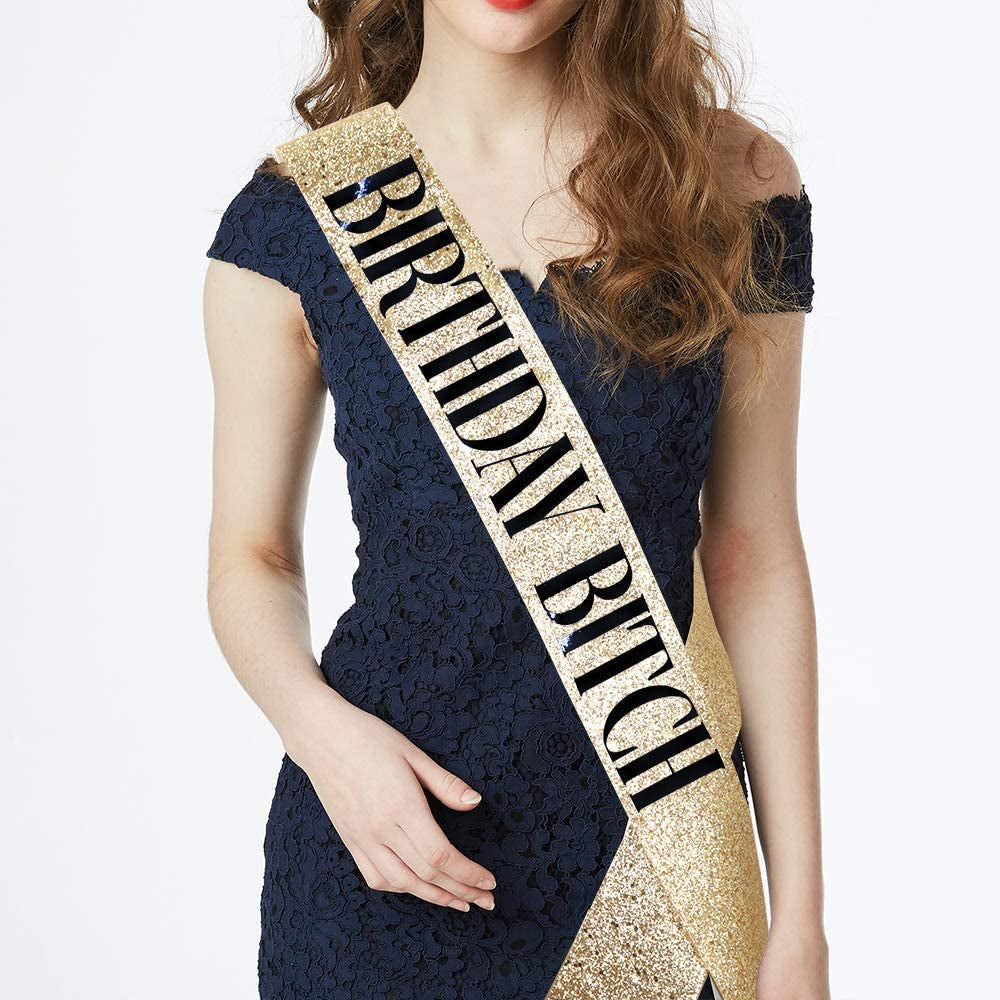 Birthday Bitch Sash & Rhinestone Tiara Kit - Gold Glitter Birthday Gifts Birthday Sash for Women Birthday Party Supplies Apparel & Accessories > Clothing Accessories > Sashes ADBetty   
