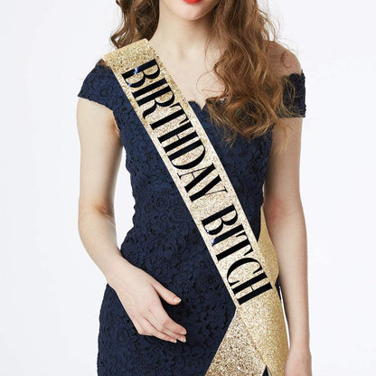Birthday Bitch Sash & Rhinestone Tiara Kit - Gold Glitter Birthday Gifts Birthday Sash for Women Birthday Party Supplies Apparel & Accessories > Clothing Accessories > Sashes ADBetty   