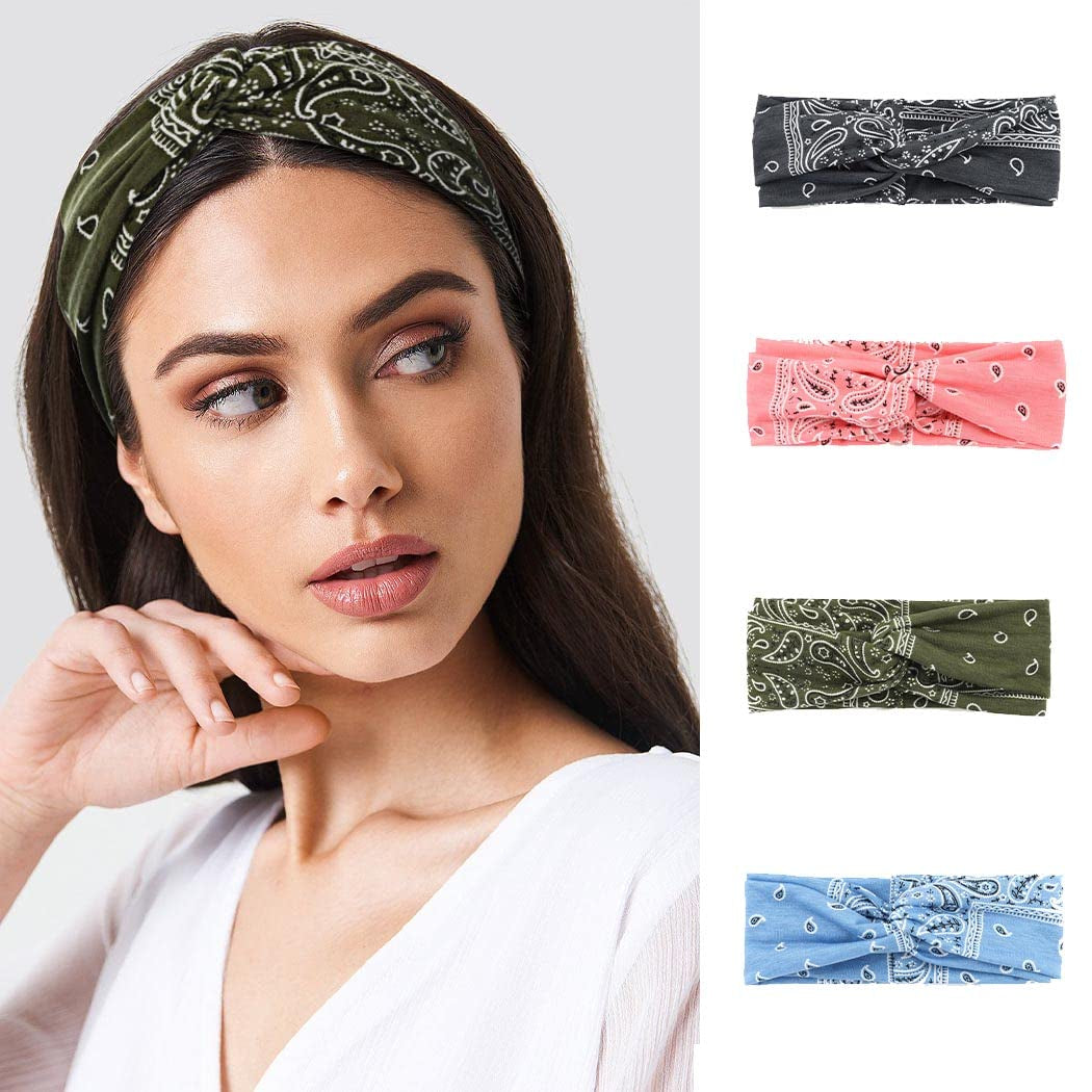 Urieo Boho Headbands Stretch Paisley Print Bandana Headband Criss Cross Hair Bands Knotted Head Wrap Yoga Daily for Women and Girls (Pack of 4) (A) Apparel & Accessories > Clothing Accessories > Bandanas & Headties Urieo C  