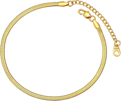 FOCALOOK 18K Gold Plated Flat Snake Chain Link Dainty Ankle Bracelets for Women, Boho Summer Beach Anklet Adjustable Foot Jewelry (4 Colors) Apparel & Accessories > Jewelry > Anklets FOCALOOK JEWELRY A:3mm Gold  