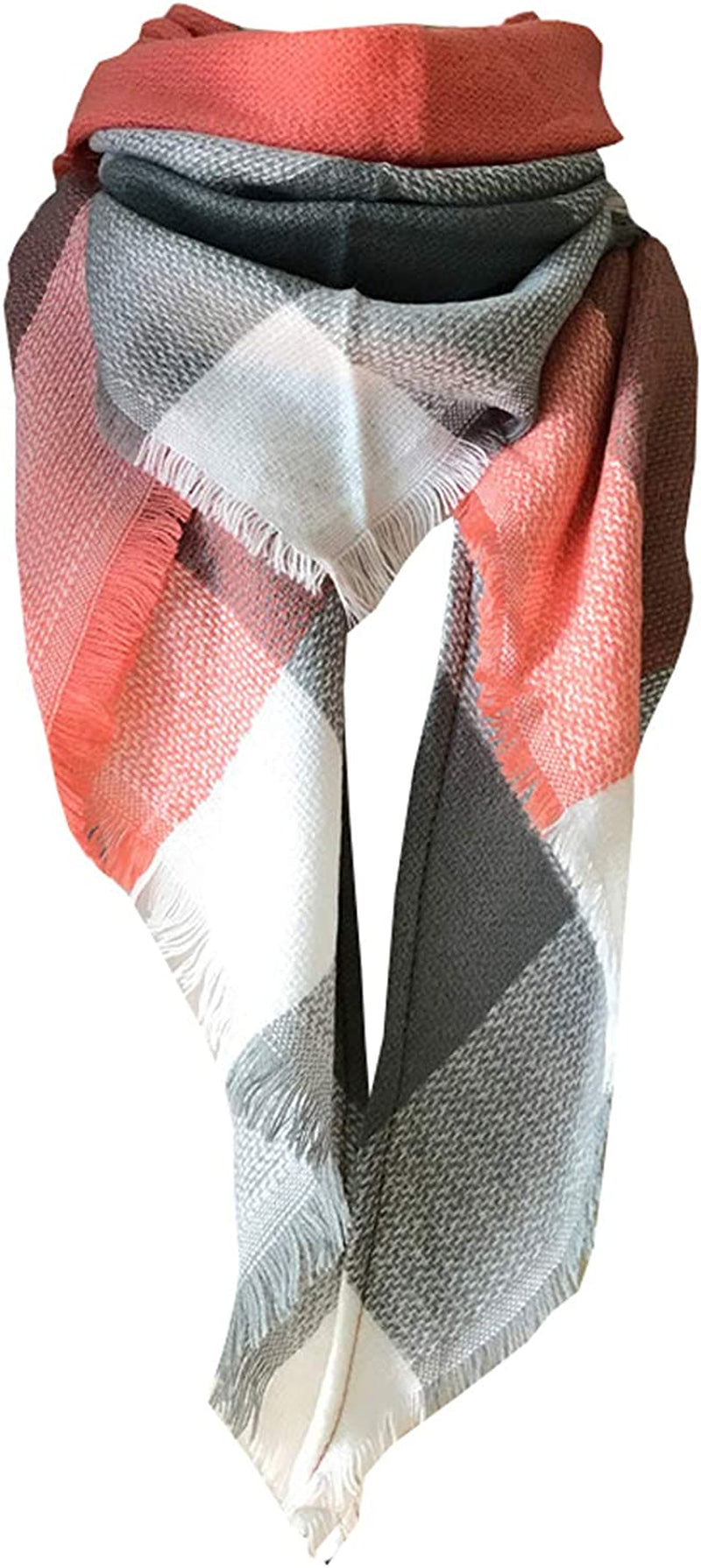 Wander Agio Womens Warm Long Shawl Winter Wraps Large Scarves Knit Cashmere Feel Plaid Triangle Scarf Apparel & Accessories > Clothing Accessories > Scarves & Shawls Wander Agio Orange Grey Colour  