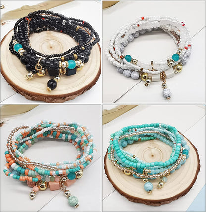 SAMOCO 9 Sets Bohemian Stackable Bead Bracelets for Women Stretch Multilayered Bracelet Set Multicolor Jewelry Apparel & Accessories > Jewelry > Bracelets SAMOCO   