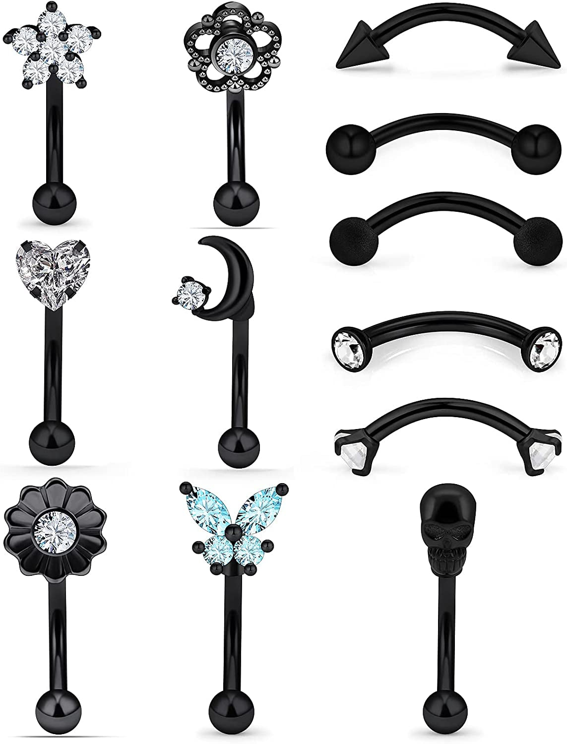 Oufksiyy 16G Rook Piercing Jewerlry Surgical Steel Eyebrow Piercing Jewelry Flower Crystal Heart CZ Moon Shape Eyebrow Rings Snake Eyes Rook Earrings for Women Men Tongue Retainer，Silver Barbell Apparel & Accessories > Jewelry > Body Jewelry Oufksiyy 16G Black Rook Piercing Jewelry  
