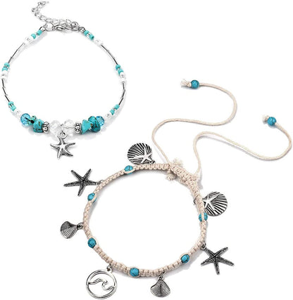 Softones Blue Starfish Turtle Anklet Multilayer Charm Beads Sea Handmade Boho Anklet Foot Jewelry for Women Girl Apparel & Accessories > Jewelry > Anklets Softones D:2pcs Star Wave  