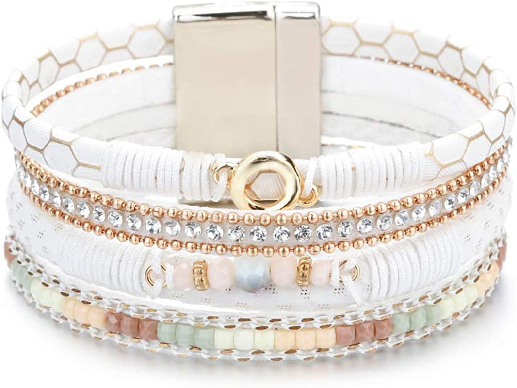 Fesciory Leather Wrap Bracelet for Women, Leopard Multi-Layer Magnetic Buckle Cuff Bracelet Jewelry Apparel & Accessories > Jewelry > Bracelets Fesciory B19-White Leather  