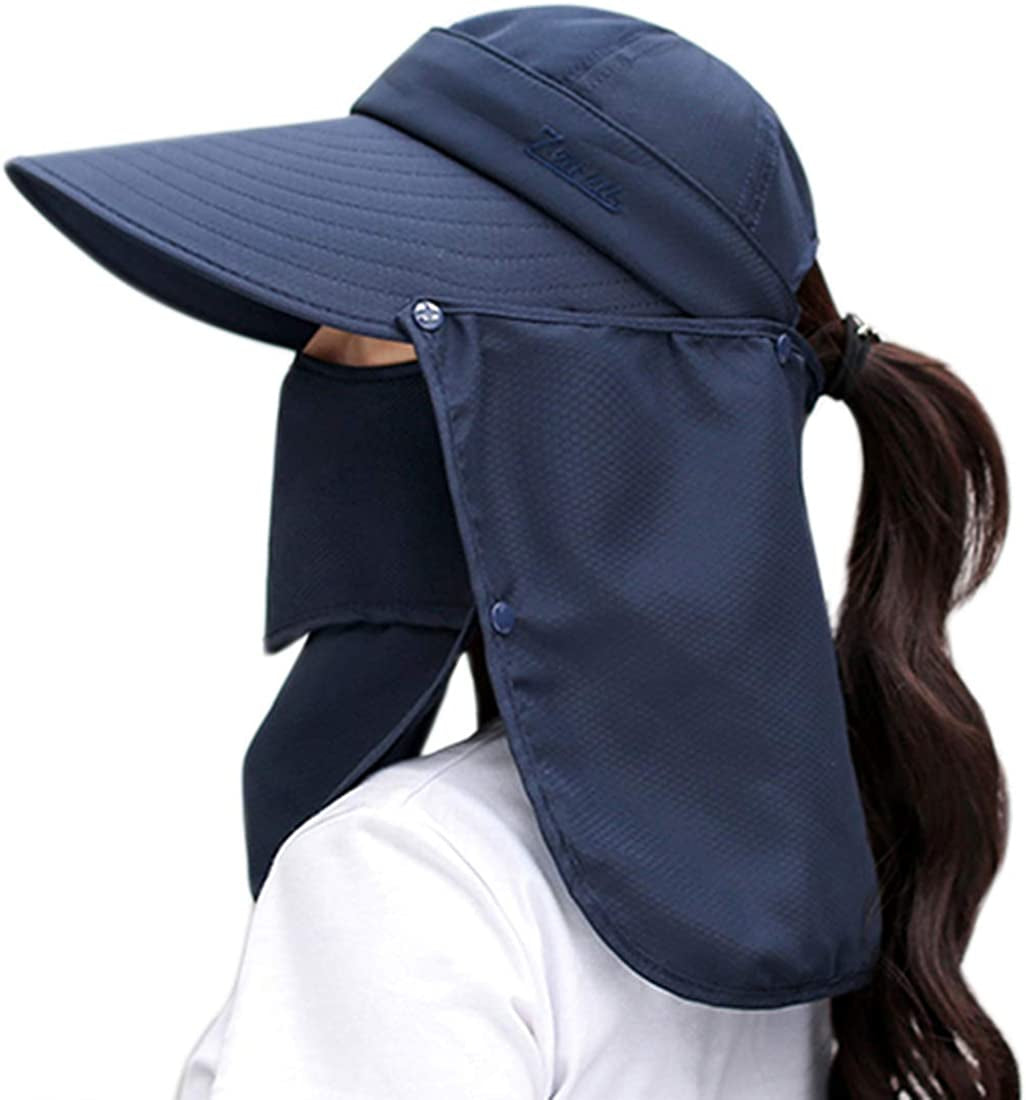 Women Sun Wide Brim UV Protection Fishing Hats Foldable Ponytail Summer Hat with Detachable Flap Apparel & Accessories > Clothing Accessories > Hats HICOSKY   