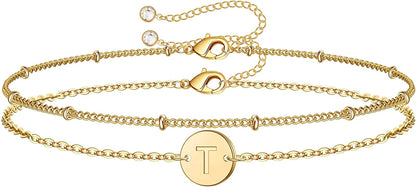 MONOZO Gold Initial Bracelets for Women, Dainty 14K Gold Filled Layered Beaded Letter Initial Bracelet Personalized 26 Alphabet Disc Monogram Charm Bracelet Jewelry Gifts for Girls Apparel & Accessories > Jewelry > Bracelets MONOZO T  