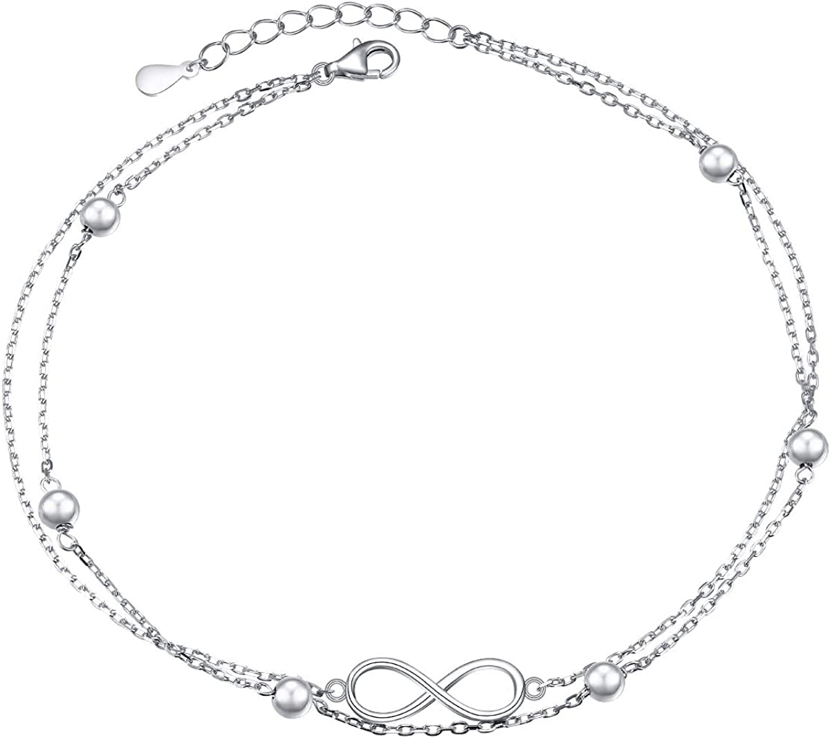 Flyow Anklet for Women S925 Sterling Silver Adjustable Foot Beaded Heart Charm Ankle Bracelet Anklets Jewelry Apparel & Accessories > Jewelry > Anklets FLYOW silver infinity 11+1  