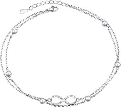 Flyow Anklet for Women S925 Sterling Silver Adjustable Foot Beaded Heart Charm Ankle Bracelet Anklets Jewelry Apparel & Accessories > Jewelry > Anklets FLYOW silver infinity 11+1  