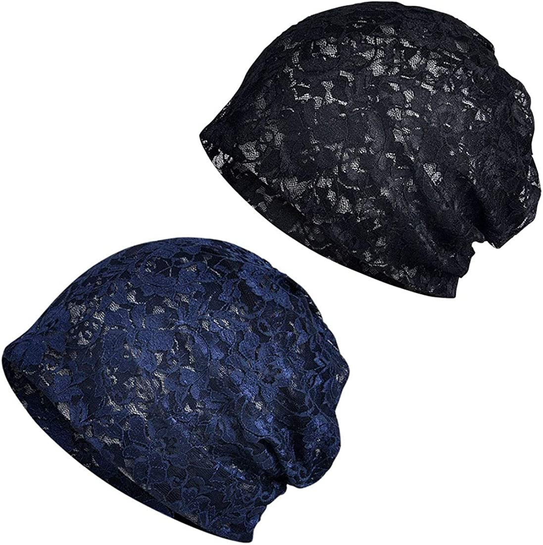 Ebossy Women'S Elegant Floral Lace Slouchy Beanie Summer Hat Headwear Circle Loop Scarf Apparel & Accessories > Clothing Accessories > Headwear ebossy 2 Pack Black/Navy  