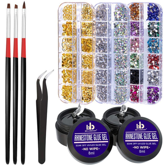 Nail Art 8Ml×2 NO WIPE Rhinestone Glue Gel Kit(Led Light Cure Needed) Adhesive Resin Gem Stone Jewelry Beads Diamond Gel Nail Polish Clear Decoration with Nail Rhinestones(Crystal+Acrylic+Rivet)+Tools Health & Beauty > Personal Care > Cosmetics > Cosmetic Tools > Nail Tools BELLEBOOST   