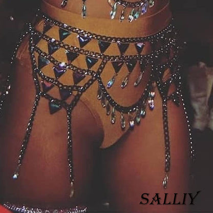 Salliy Boho Rhinestone Bikini Chain Set Silver Sexy Sequins Mesh Body Chains Summer Bra Body Jewelry for Women and Girls (F) Apparel & Accessories > Jewelry > Body Jewelry Salliy   