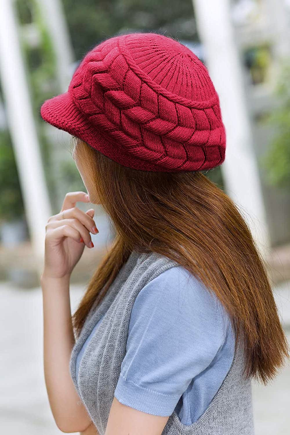 HINDAWI Women Winter Warm Knit Hat Wool Snow Ski Caps with Visor Apparel & Accessories > Clothing Accessories > Hats HINDAWI   