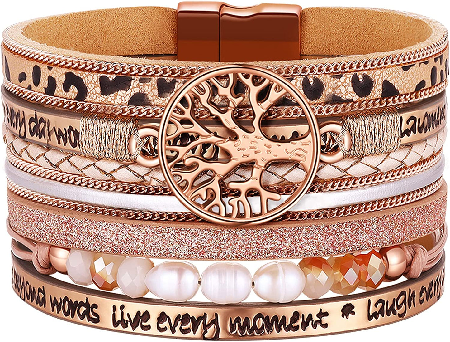 Inspirational Tree of Life Leather Bracelets for Women,Birthday Christmas Mothers Day Jewelry Gifts for Teen Girls Apparel & Accessories > Jewelry > Bracelets AURGTTCG 02-Rose gold  