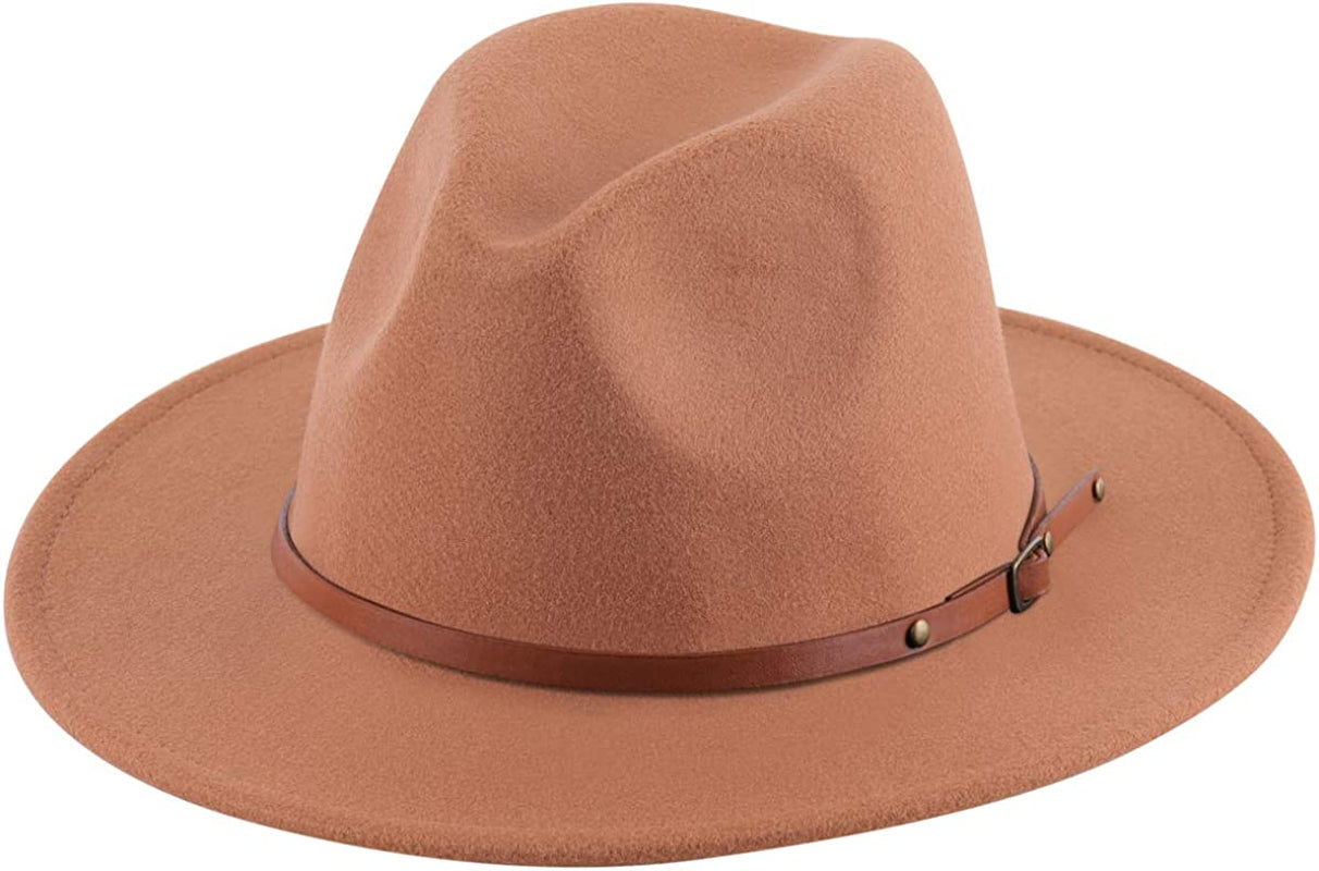 Lanzom Women Lady Retro Wide Brim Floppy Panama Hat Belt Buckle Wool Fedora Hat Apparel & Accessories > Clothing Accessories > Hats Lanzom X Belt-khaki One Size 