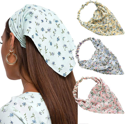 Floral Elastic Hair Scarf Headband - 3 PCS Chiffon Head Kerchief Headband Floral Hair Scarves with Hair Clips Hair Bandanas Apparel & Accessories > Clothing Accessories > Bandanas & Headties AWAYTR Yellow/Blue/Pink  