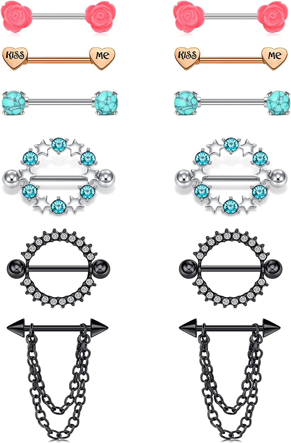 TOKRING 14G 14Mm 16Mm Nipple Rings Surgical Steel Nipple Barbell Nipple Piercing Jewelry for Women Girls Apparel & Accessories > Jewelry > Body Jewelry TOKRING Style D: 16mm mix color  