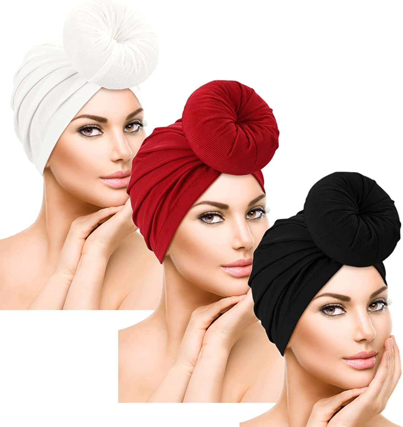 DANMY Women'S Beanie Turban Hats, Indian Hats Headscarves, Beanie Hats for Women,Turban for Women Apparel & Accessories > Clothing Accessories > Headwear DANMY White & Black & Red -3pcs  