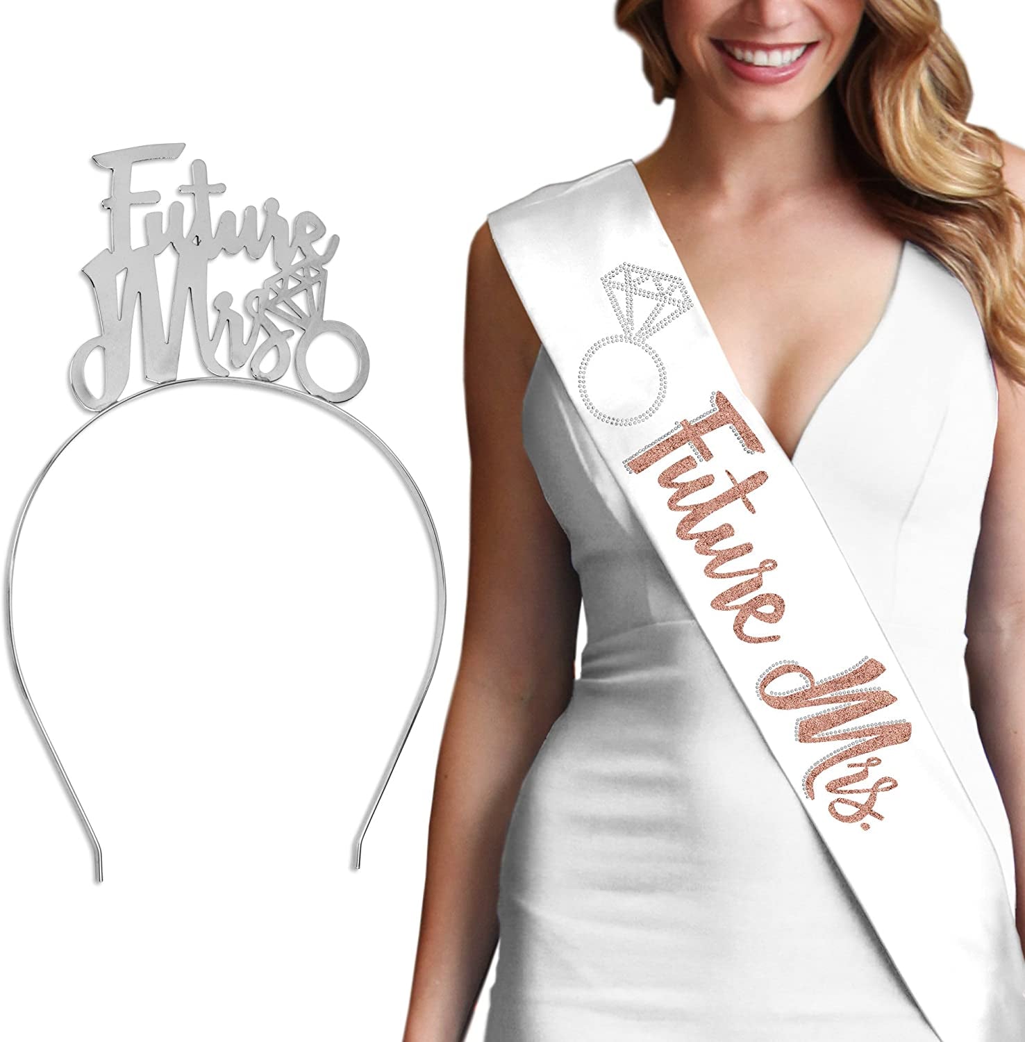 Bride Rose Gold Bridal Shower Set - BRIDAL GRADE SATIN White Sash & Rose Gold Diamond Bride Headband, Bride Kit, Bridal Giftset (B2B & HB Rsgld)Wht Apparel & Accessories > Clothing Accessories > Sashes RhinestoneSash Future Mrs. (White Sash - Silver Future Mrs Headband)  