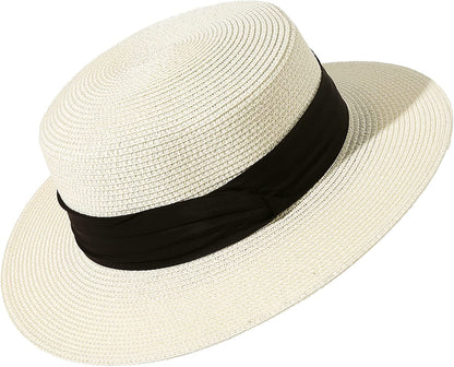 Lanzom Sun Hats for Women Wide Brim Straw Boater Hat Foldable Packable Beach Hat for Summer Apparel & Accessories > Clothing Accessories > Hats Lanzom Ivory White Medium 