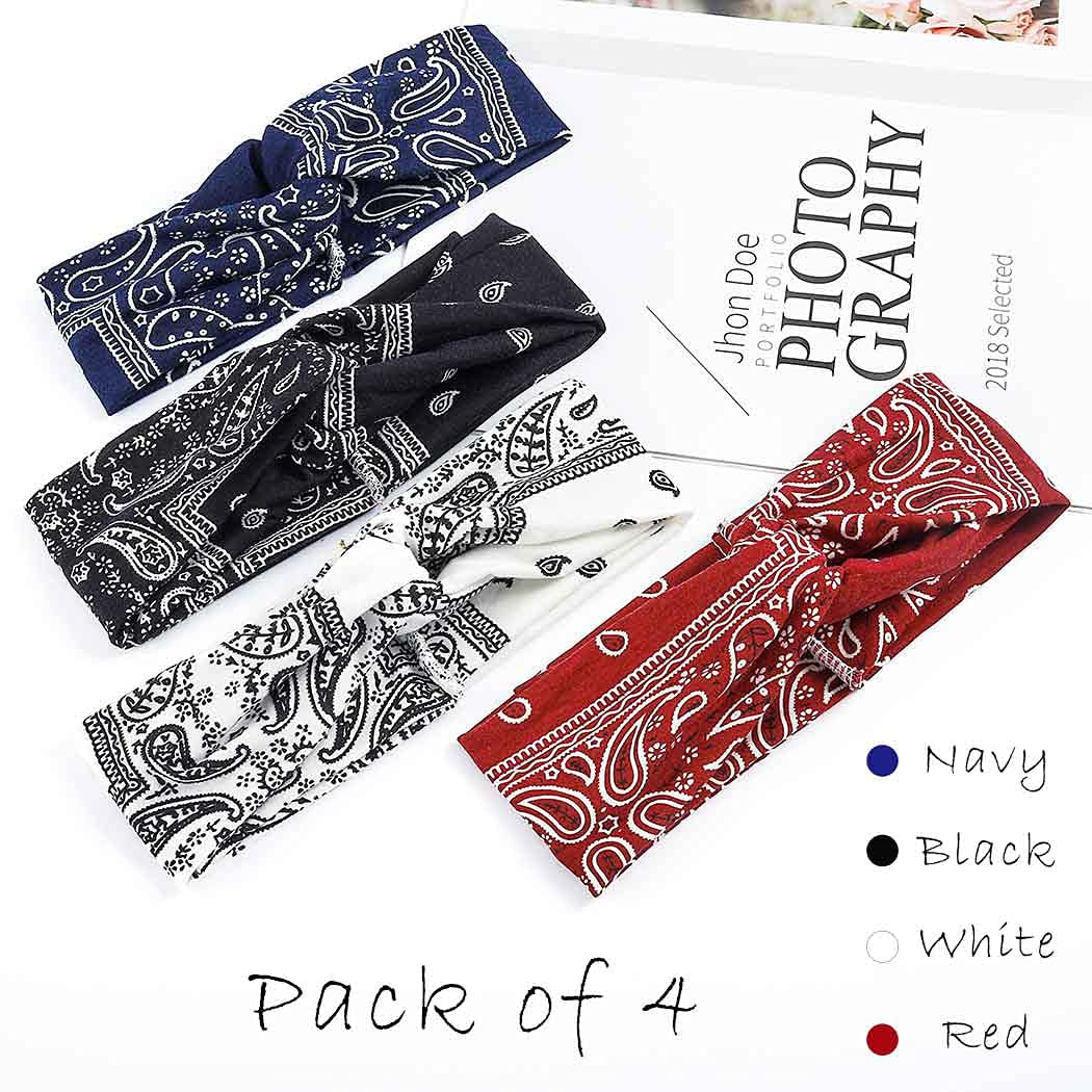 Urieo Boho Headbands Stretch Paisley Print Bandana Headband Criss Cross Hair Bands Knotted Head Wrap Yoga Daily for Women and Girls (Pack of 4) (A) Apparel & Accessories > Clothing Accessories > Bandanas & Headties Urieo   