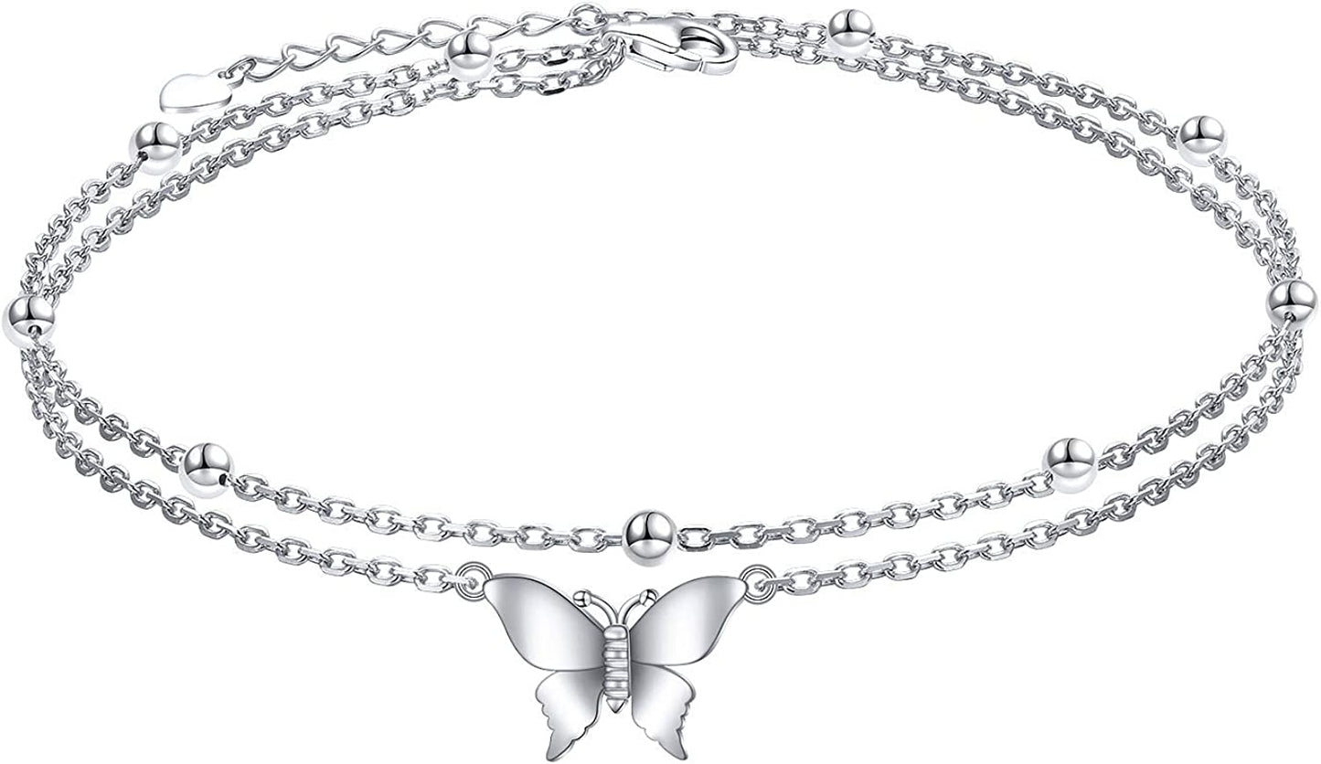Flyow Anklet for Women S925 Sterling Silver Adjustable Foot Beaded Heart Charm Ankle Bracelet Anklets Jewelry Apparel & Accessories > Jewelry > Anklets FLYOW butterfly  
