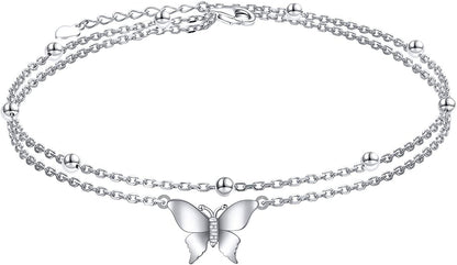 Flyow Anklet for Women S925 Sterling Silver Adjustable Foot Beaded Heart Charm Ankle Bracelet Anklets Jewelry Apparel & Accessories > Jewelry > Anklets FLYOW butterfly  