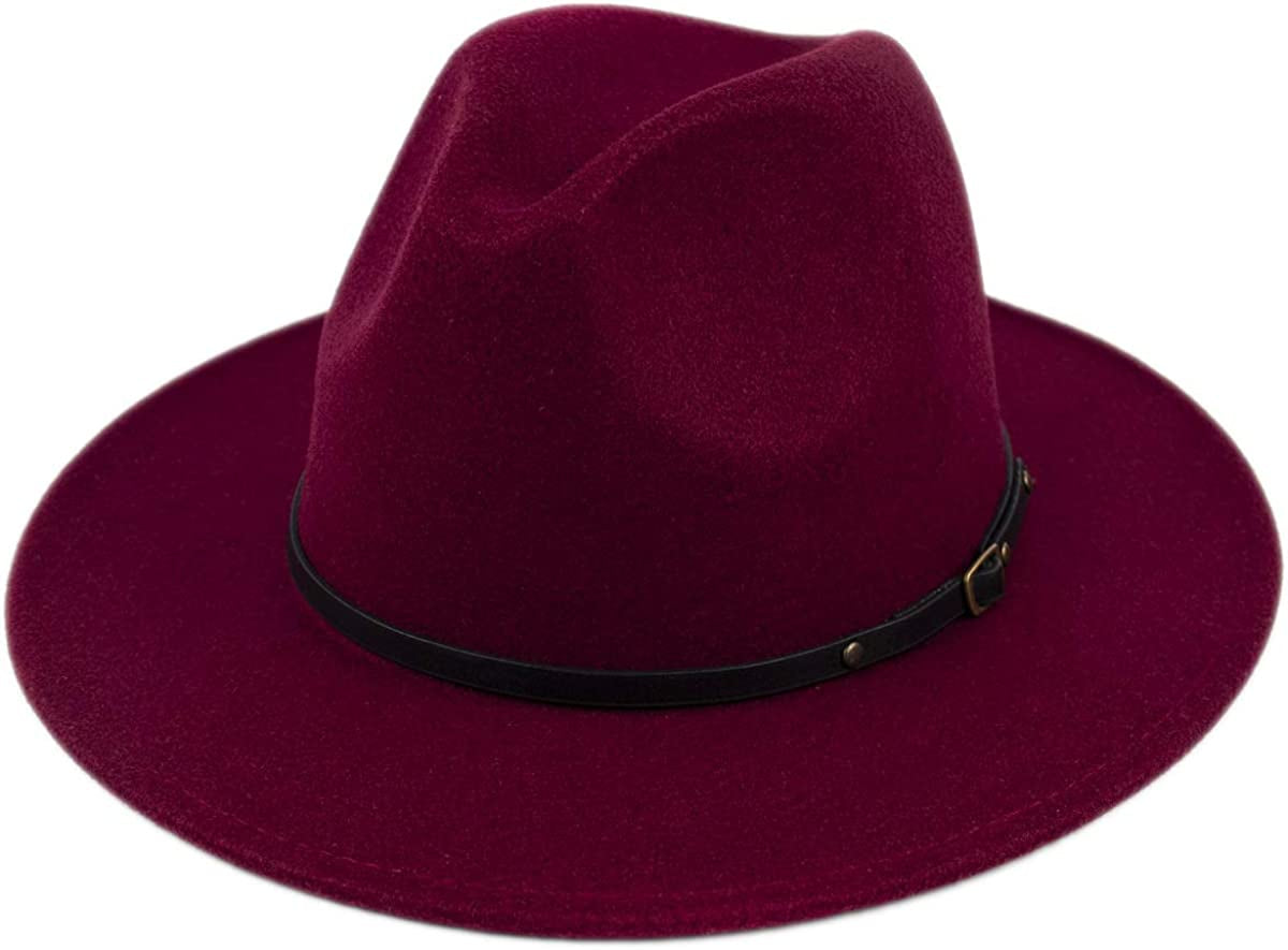 Lanzom Womens Classic Wide Brim Floppy Panama Hat Belt Buckle Wool Fedora Hat Apparel & Accessories > Clothing Accessories > Hats Lanzom Wine Red One Size 