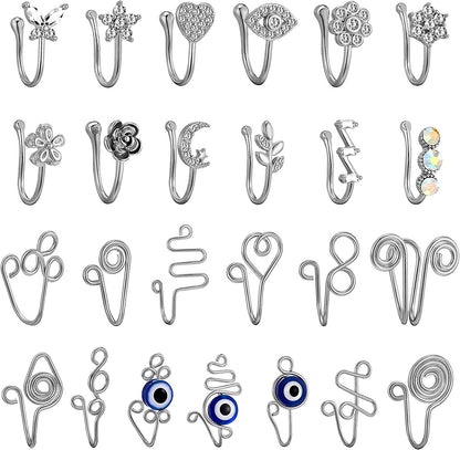 TAMHOO 25Pcs Fake Septum Fake Nose Ring Hoop for Women - Magnetic Nose Ring Nose Cuffs for Non Pierced Nose Apparel & Accessories > Jewelry > Body Jewelry TAMHOO #2-Silver-A  