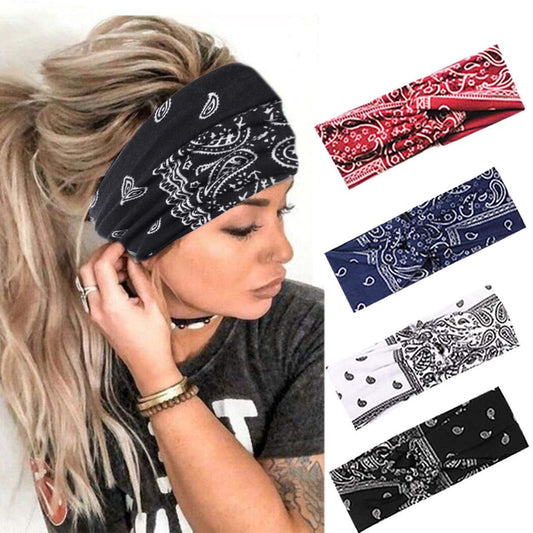 Urieo Boho Headbands Stretch Paisley Print Bandana Headband Criss Cross Hair Bands Knotted Head Wrap Yoga Daily for Women and Girls (Pack of 4) (A) Apparel & Accessories > Clothing Accessories > Bandanas & Headties Urieo A  