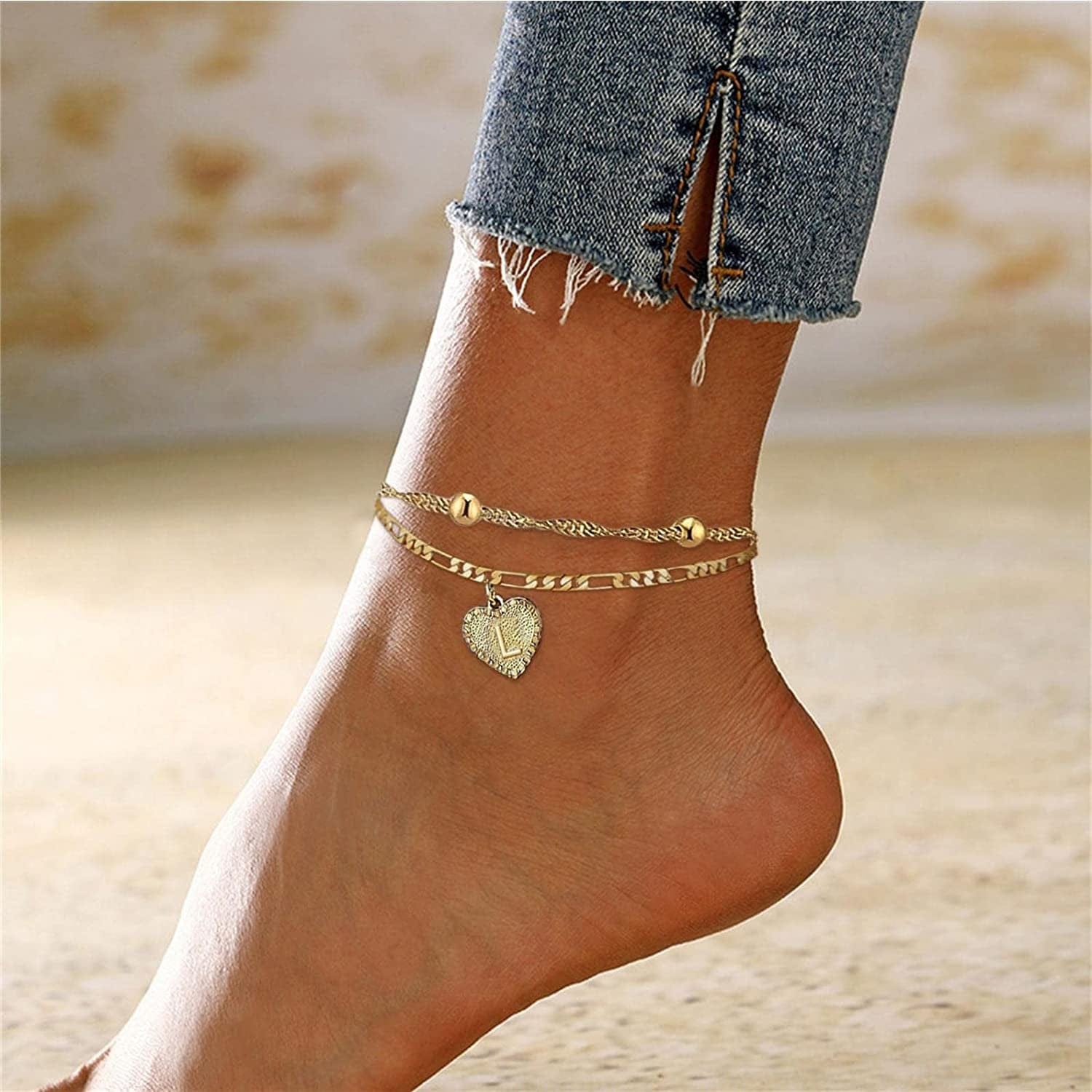 1PC Heart Initial Ankle Bracelets for Women 26 Letters Double Layered Gold Anklet, Women'S Foot Chain Heart-Shaped Anklet Jewelry Gifts Apparel & Accessories > Jewelry > Anklets Women Makeup   