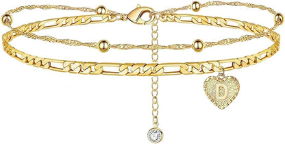 1PC Heart Initial Ankle Bracelets for Women 26 Letters Double Layered Gold Anklet, Women'S Foot Chain Heart-Shaped Anklet Jewelry Gifts Apparel & Accessories > Jewelry > Anklets Women Makeup D 1PC 