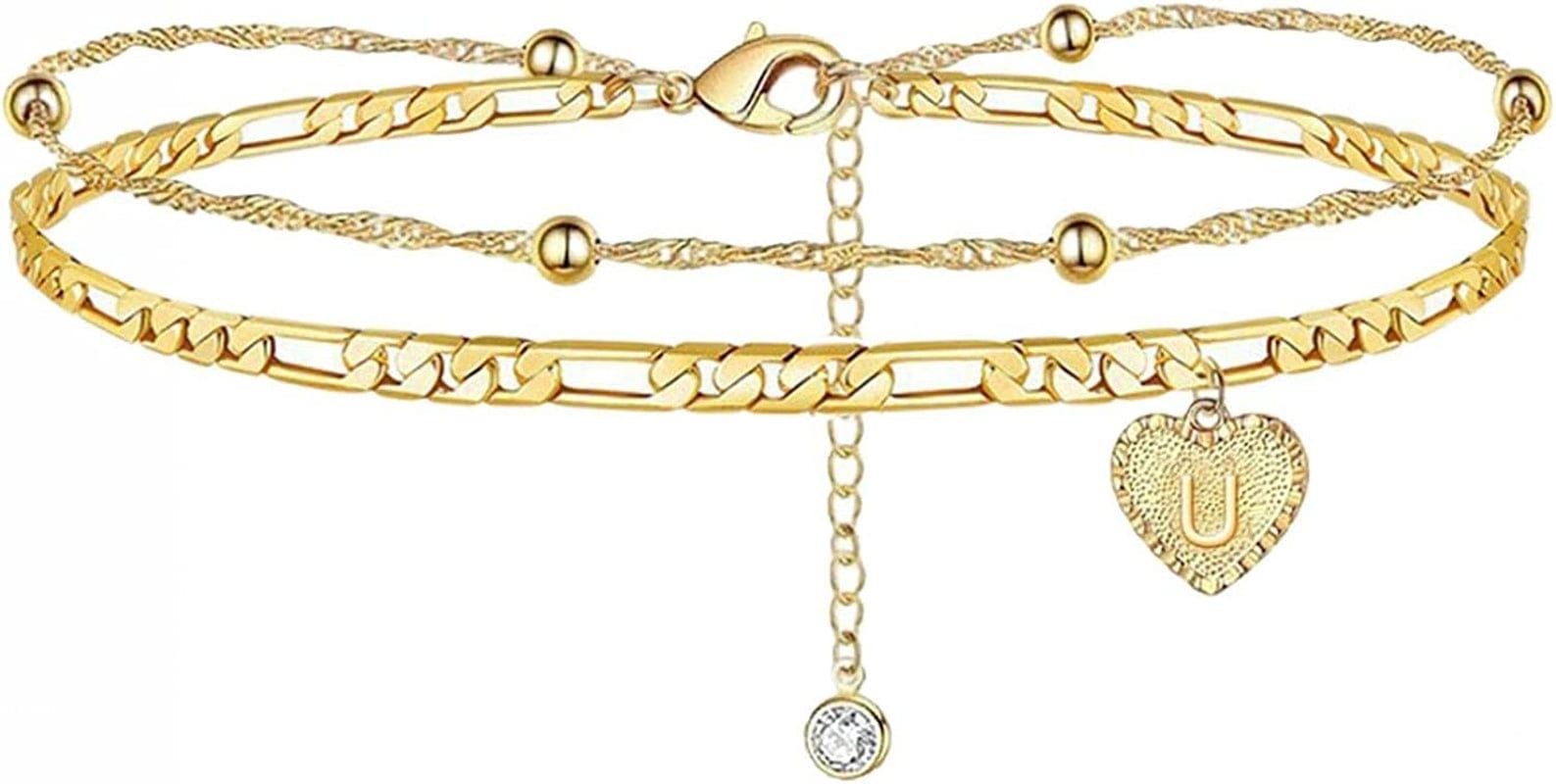 1PC Heart Initial Ankle Bracelets for Women 26 Letters Double Layered Gold Anklet, Women'S Foot Chain Heart-Shaped Anklet Jewelry Gifts Apparel & Accessories > Jewelry > Anklets Women Makeup U 1PC 