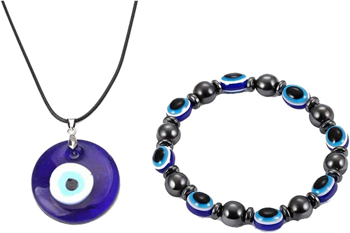 2/3/4 Pcs Blue Beads Evil Eyes Bracelet Hamsa Hand of Fatima Bracelet Glass Charm Evil Eye Leather Cord Necklace Protection Jewelry Set black & blue bead
