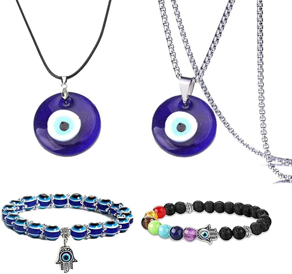 2/3/4 Pcs Blue Beads Evil Eyes Bracelet Hamsa Hand of Fatima Bracelet Glass Charm Evil Eye Leather Cord Necklace Protection Jewelry Set 2Pcs necklace+blue bracelet/lava bracelet