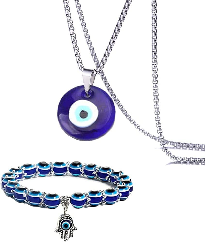 2/3/4 Pcs Blue Beads Evil Eyes Bracelet Hamsa Hand of Fatima Bracelet Glass Charm Evil Eye Leather Cord Necklace Protection Jewelry Set stainless steel chain