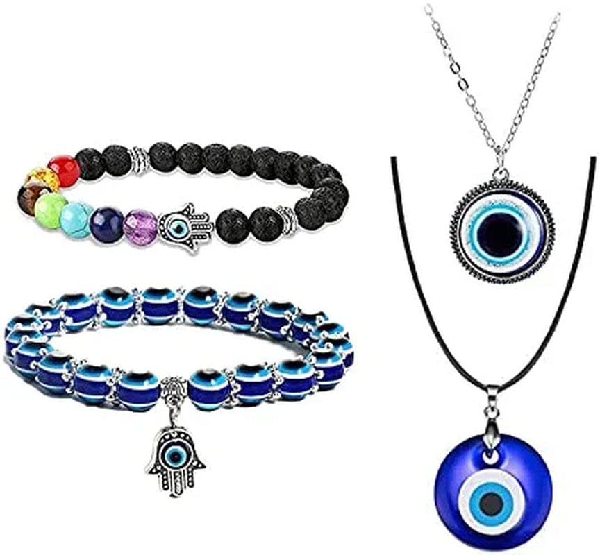 2/3/4 Pcs Blue Beads Evil Eyes Bracelet Hamsa Hand of Fatima Bracelet Glass Charm Evil Eye Leather Cord Necklace Protection Jewelry Set 2 bracelets+2 necklaces
