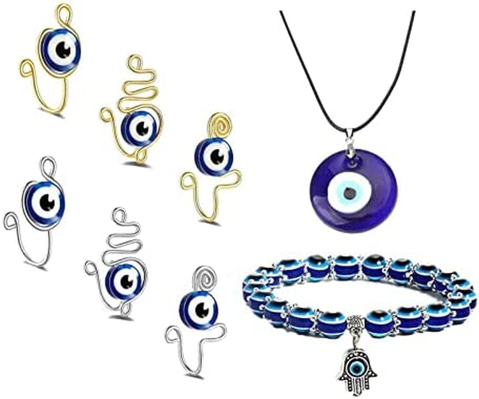 2/3/4 Pcs Blue Beads Evil Eyes Bracelet Hamsa Hand of Fatima Bracelet Glass Charm Evil Eye Leather Cord Necklace Protection Jewelry Set necklace+bracelet+6pcs nose cuff