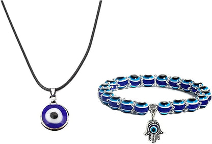 2/3/4 Pcs Blue Beads Evil Eyes Bracelet Hamsa Hand of Fatima Bracelet Glass Charm Evil Eye Leather Cord Necklace Protection Jewelry Set 10mm eye charm