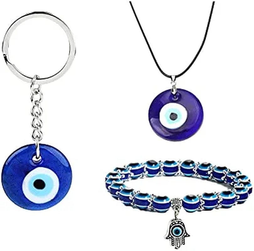 2/3/4 Pcs Blue Beads Evil Eyes Bracelet Hamsa Hand of Fatima Bracelet Glass Charm Evil Eye Leather Cord Necklace Protection Jewelry Set 3 pcs
